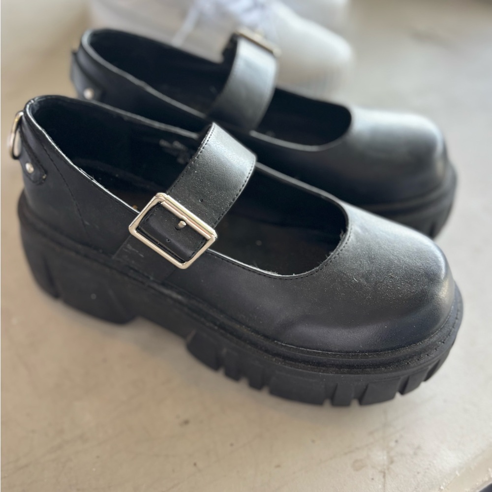 Sz 9 Black Mary Jane Platform Shoes Goth Punk 90s Chunky Buckle Grunge School